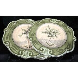 Vtg Salad Plates Set of 4 Sauvignon West Indies 8" Ceramic Palm Tree Green Rim